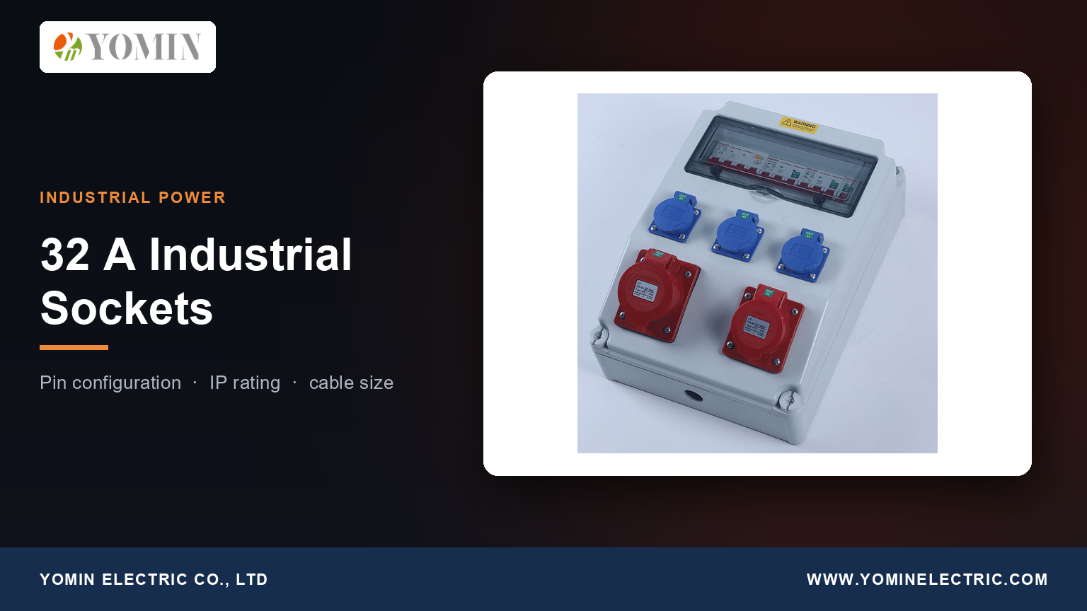 Caja de tomas industriales estanca IP65 YOMIN YM-012 en PC ignífugo con tomas azules y rojas enclavadas y ventana de interruptores