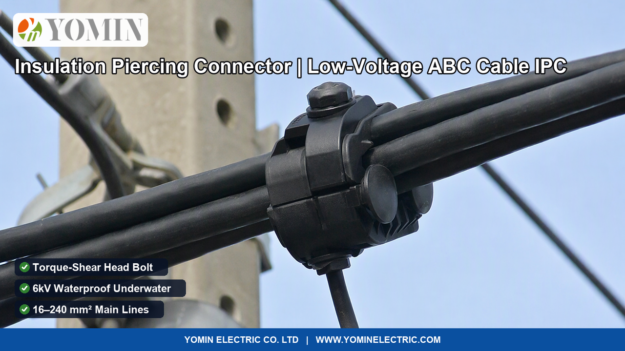 Heavy-duty waterproof Insulation Piercing Connector (IPC) clamped onto low-voltage Aerial Bundled Conductor (ABC) power line