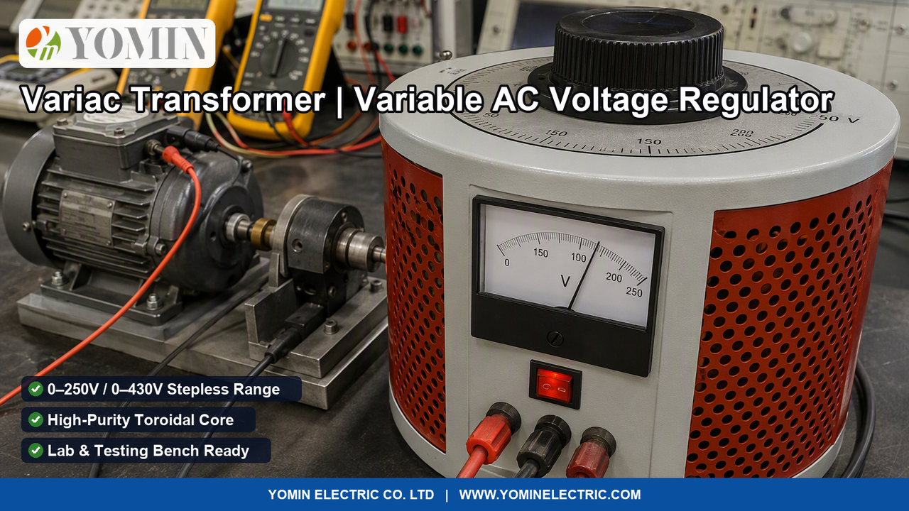Benchtop variable autotransformer variac operating in an electrical testing laboratory with rotary voltage control dial and analog meter