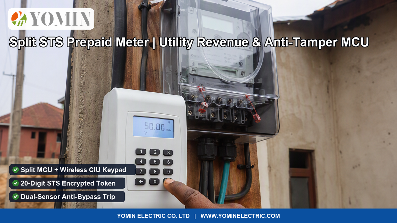 Split-type STS prepaid electricity meter showing outdoor pole-mounted MCU and indoor wireless CIU customer keypad unit