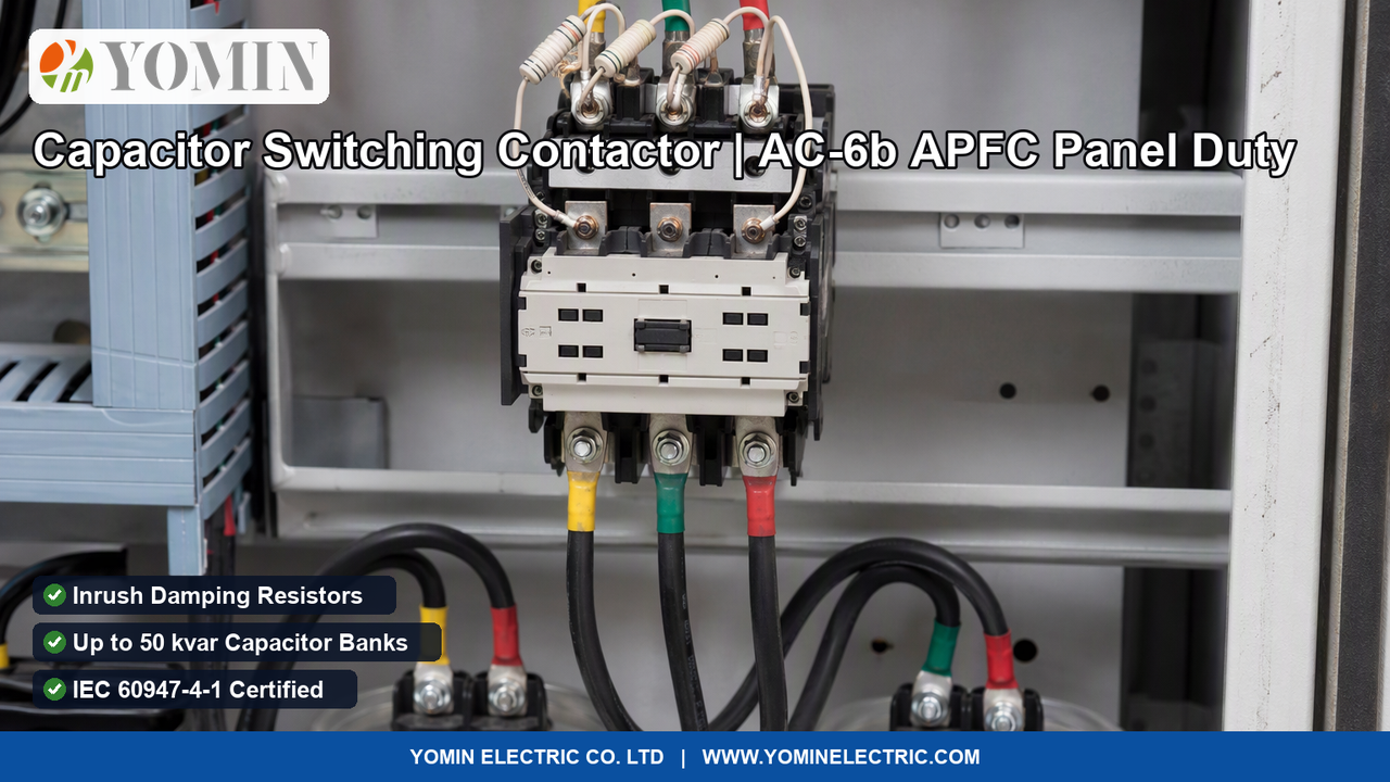 Heavy-duty three-phase Capacitor Switching Contactor (Model CJ19) operating inside an industrial Automatic Power Factor Correction (APFC) switchgear panel