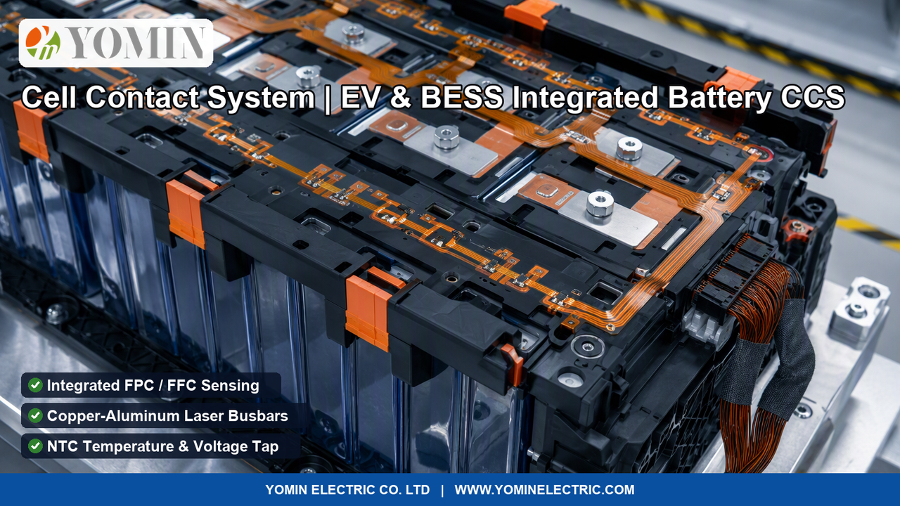 Complete Cell Contact System (CCS) integrated busbar assembly mounted on top of a commercial prismatic lithium battery pack
