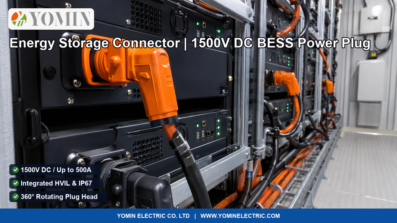 Heavy-duty 1500V DC single-pole quick-lock energy storage connectors (Model YM-ES series) installed on a utility-scale BESS lithium battery rack