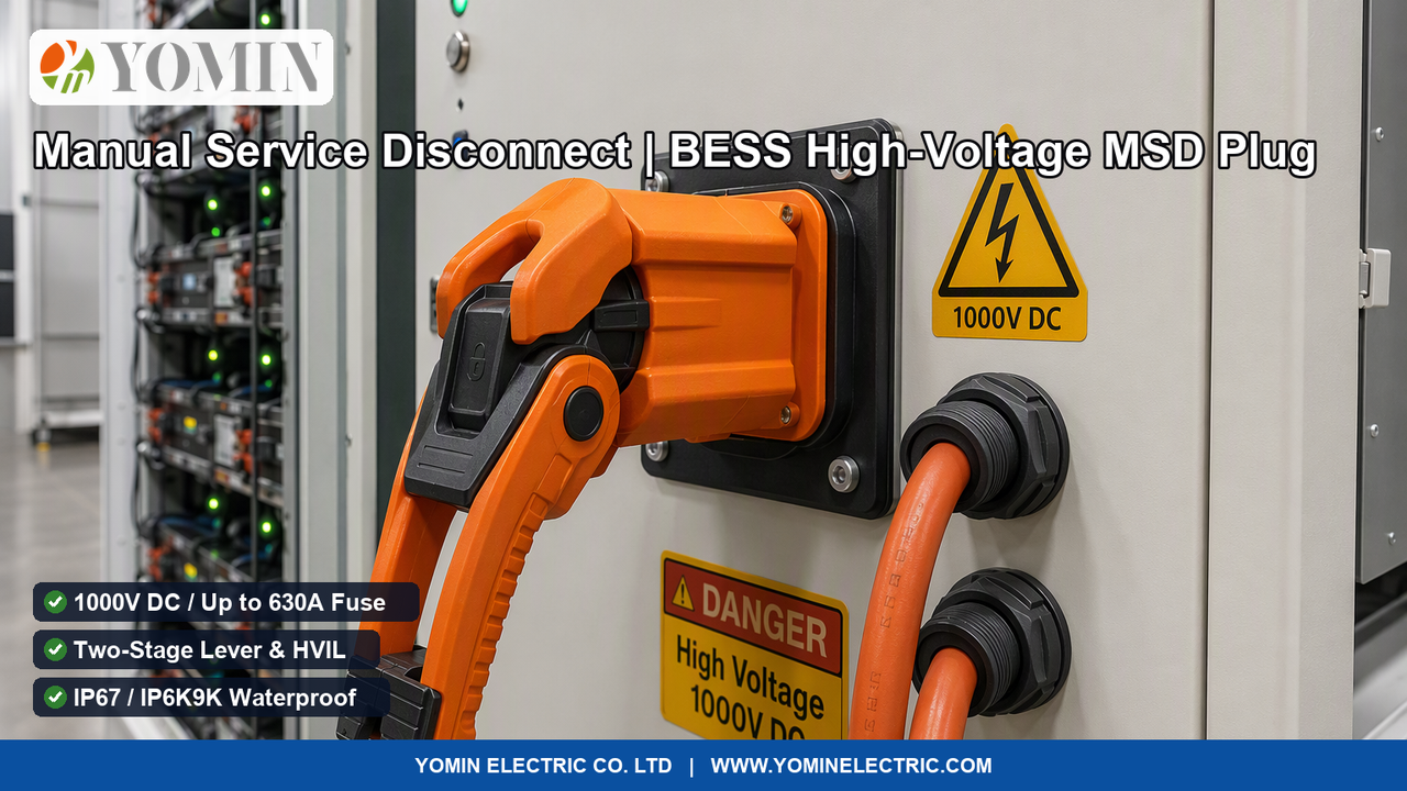 Heavy-duty high-voltage Manual Service Disconnect (Model MSD series) with integrated DC fuse and HVIL installed on a BESS lithium battery pack enclosure