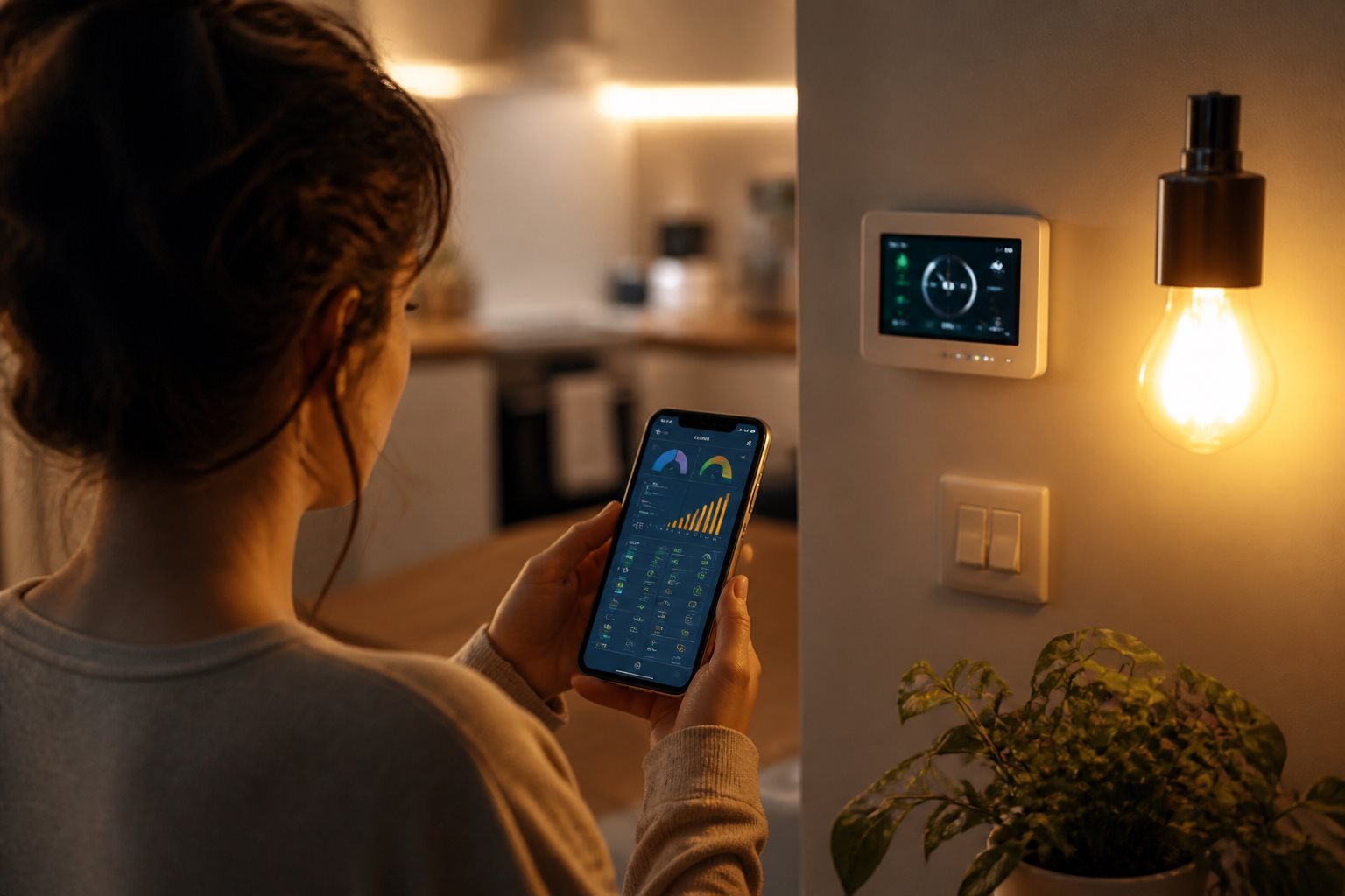 Person checking energy usage on a phone to lower the electricity bill