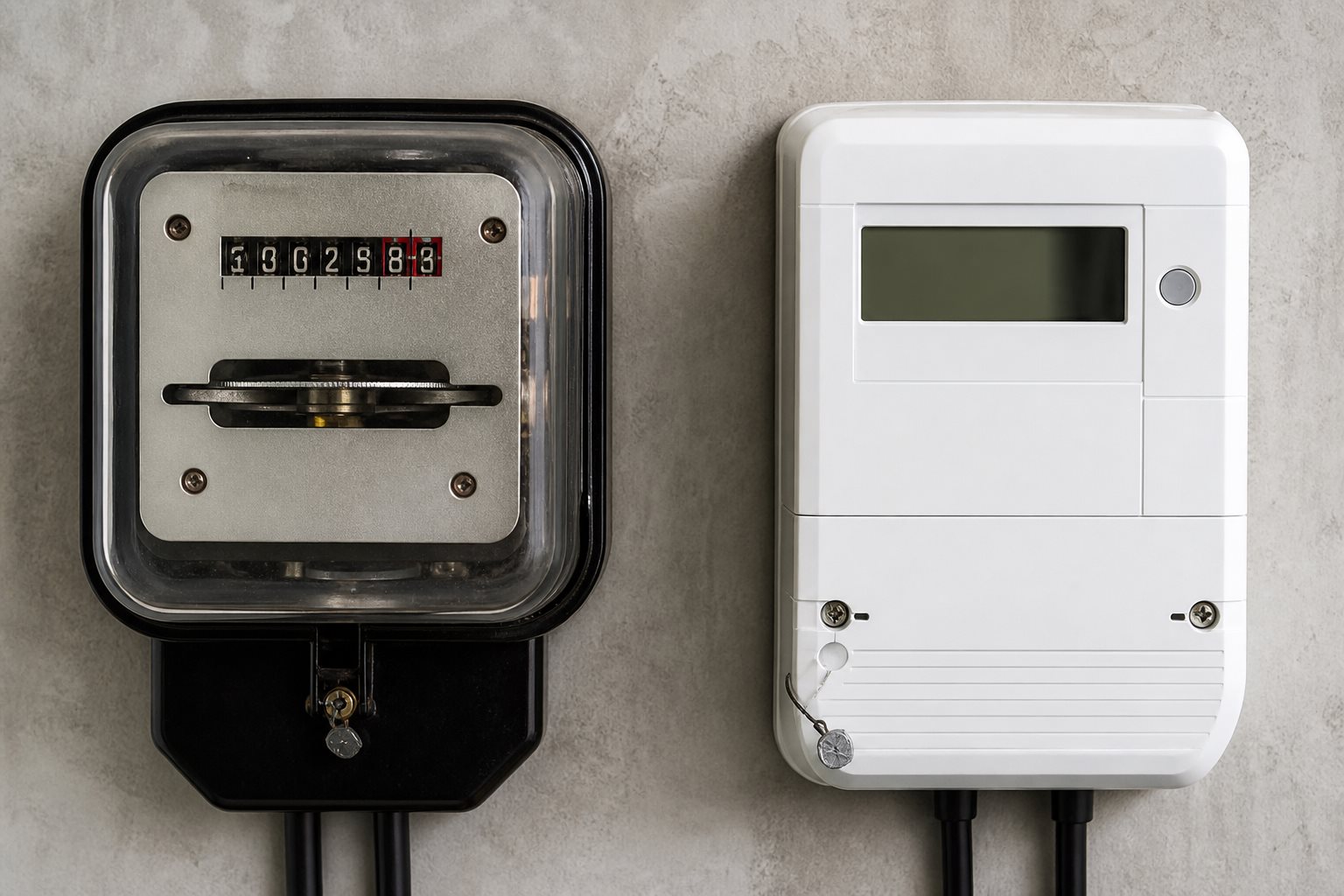 Old electromechanical meter next to a modern digital energy meter