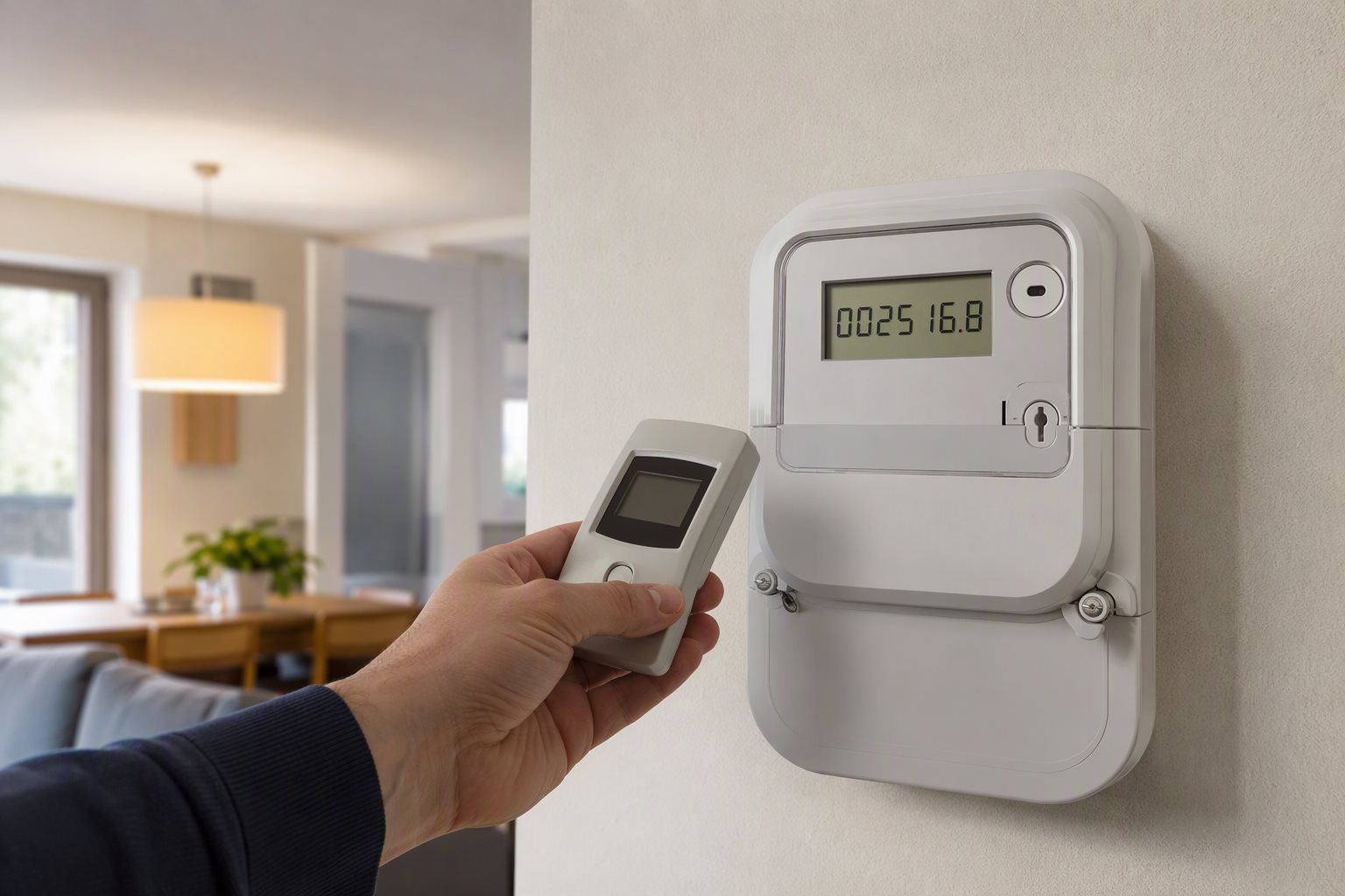 Modern electricity meter on a home wall measuring energy consumption