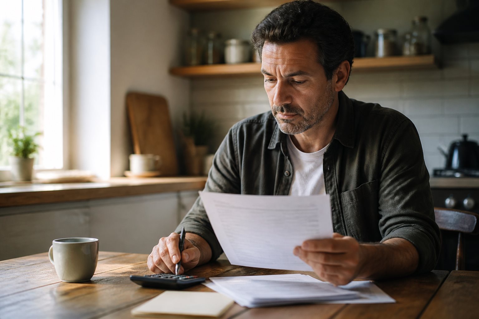 Person reading an electricity bill with a calculator