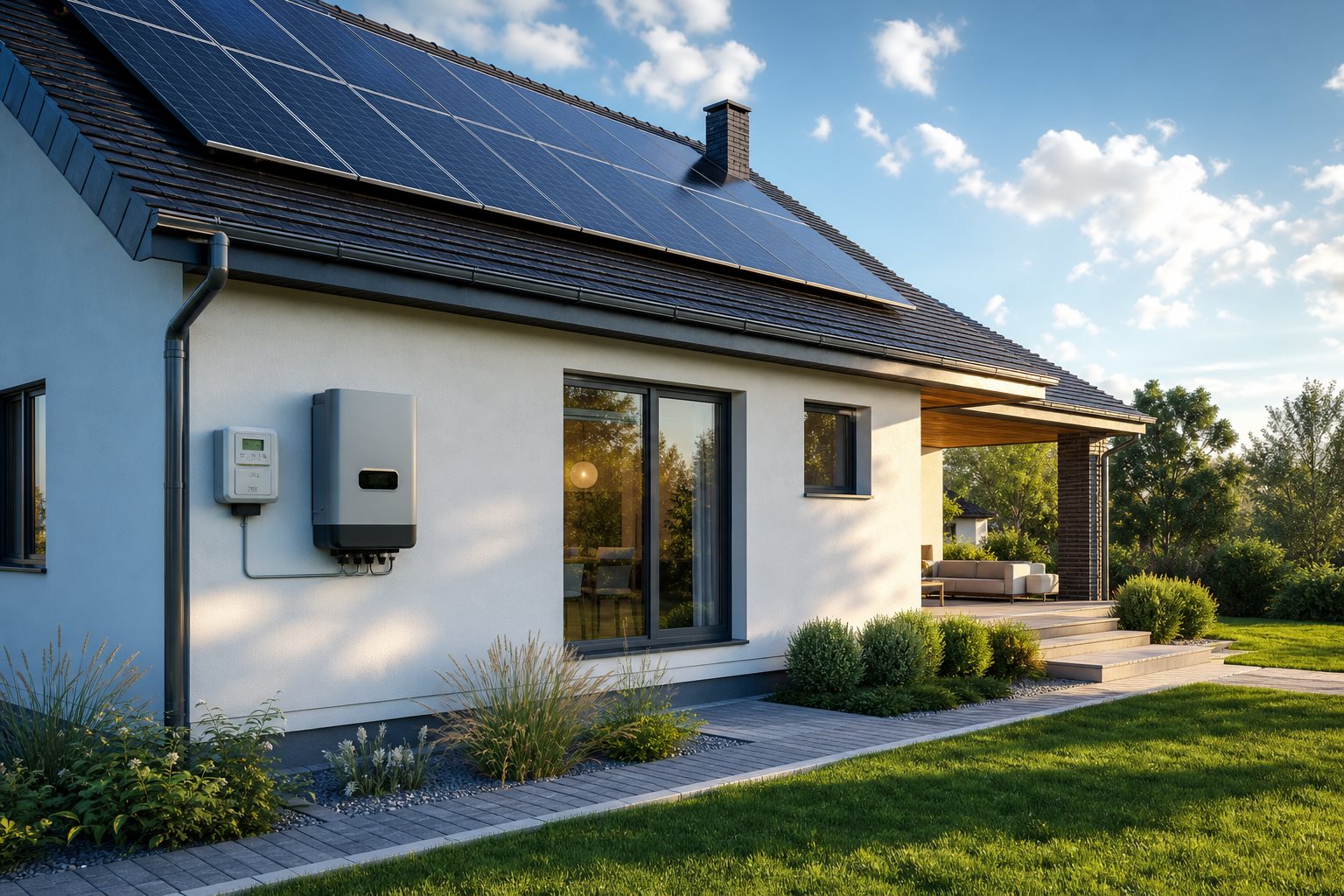 Family home with solar panels on the roof and inverter unit on the wall