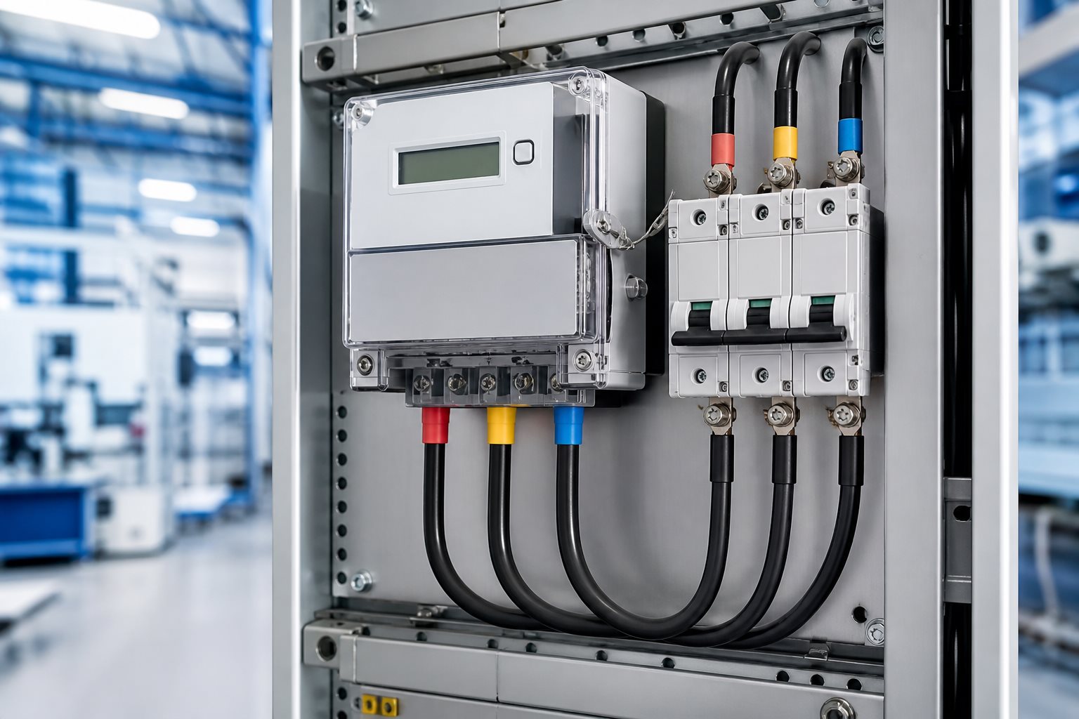 Three-phase energy meter on an industrial electrical panel