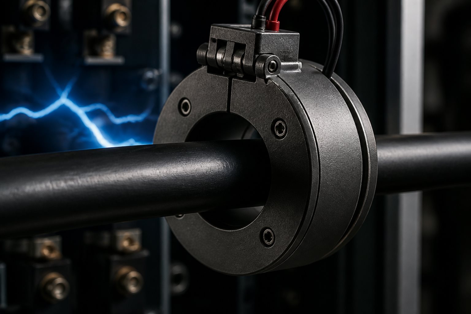 Ring-shaped current transformer clamped around a power cable