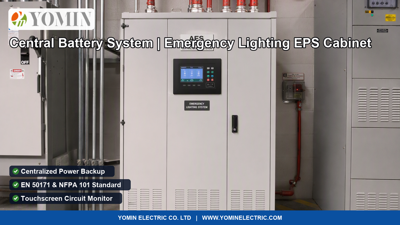 Central battery system emergency lighting cabinet installed in commercial electrical plant room