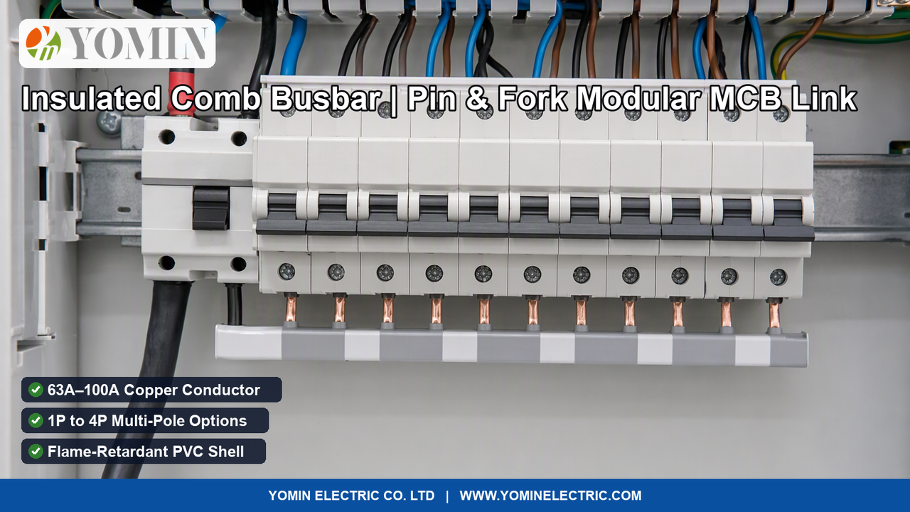 Insulated copper comb busbar installed across miniature circuit breakers inside an electrical distribution board