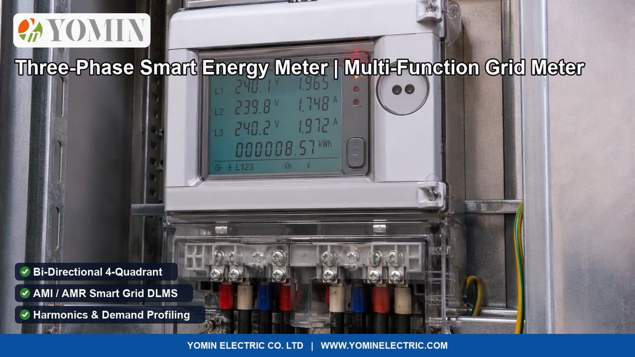 Three-phase commercial smart electronic energy meter actively installed in an industrial metering panel cabinet