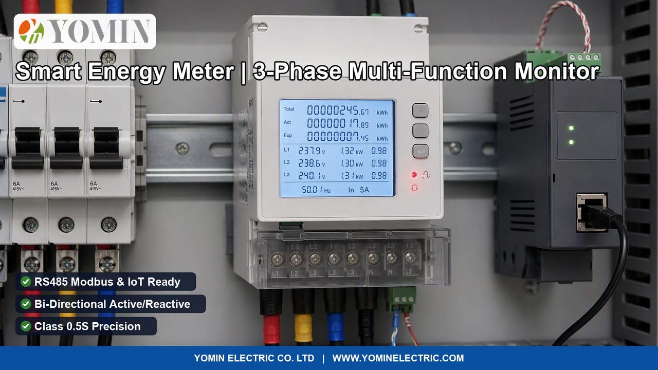 Commercial three-phase smart electronic energy meter actively operating inside an industrial electrical distribution panelboard with illuminated LCD screen