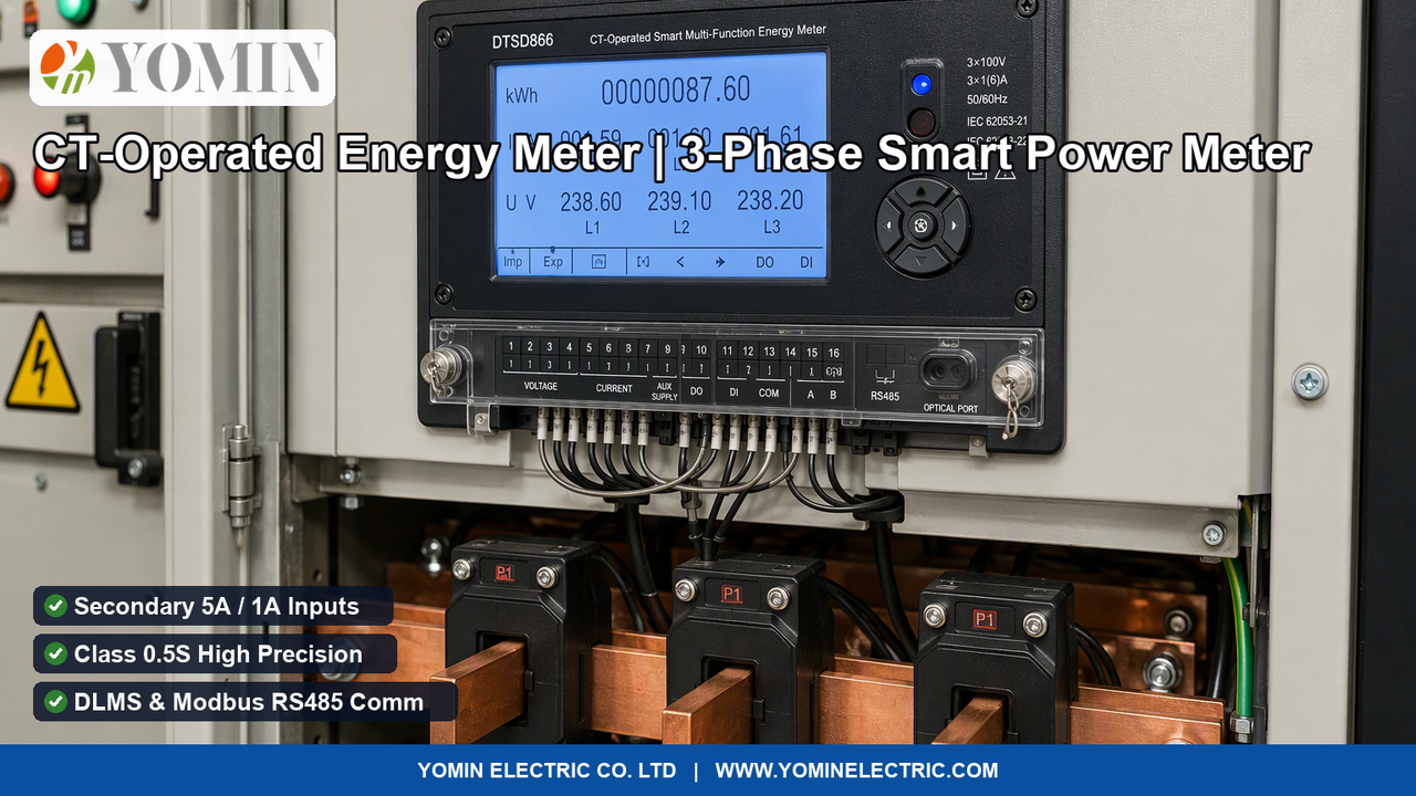 Three-phase CT-Operated Smart Multi-Function Energy Meter (Model DTSD series) with LCD display wired to window current transformers on copper busbars in an industrial switchgear panel