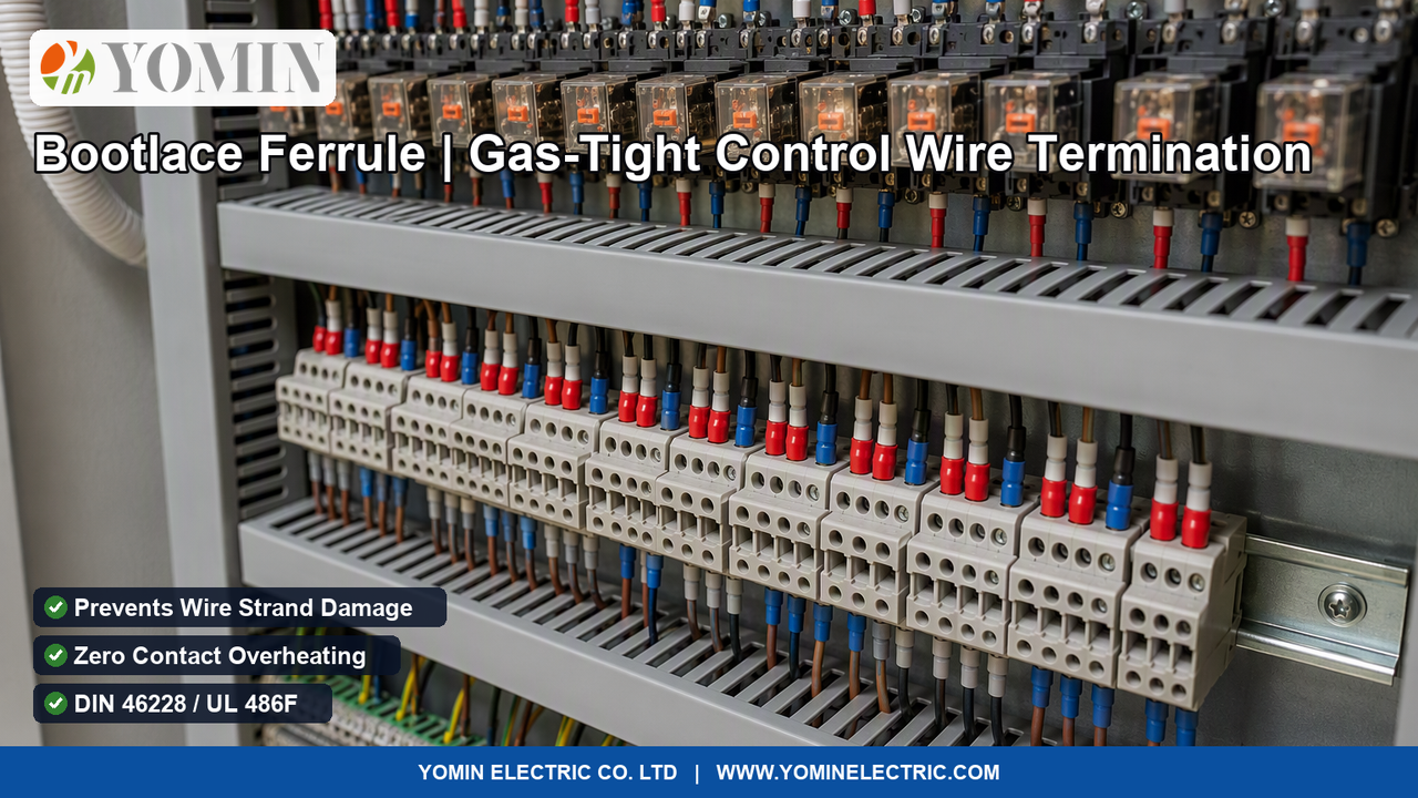 Industrial automation PLC control panel cabinet wired with color-coded insulated bootlace ferrules (Model E/TE series) crimped onto multi-stranded copper wire