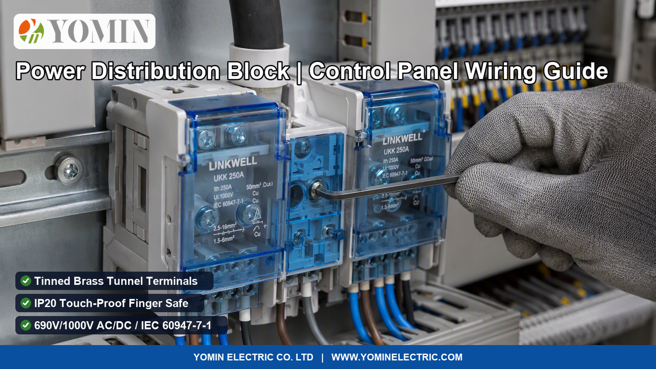 Industrial electrical control panel interior showing modular DIN rail unipolar power distribution blocks splitting a heavy main copper feeder into multiple branch circuit wires