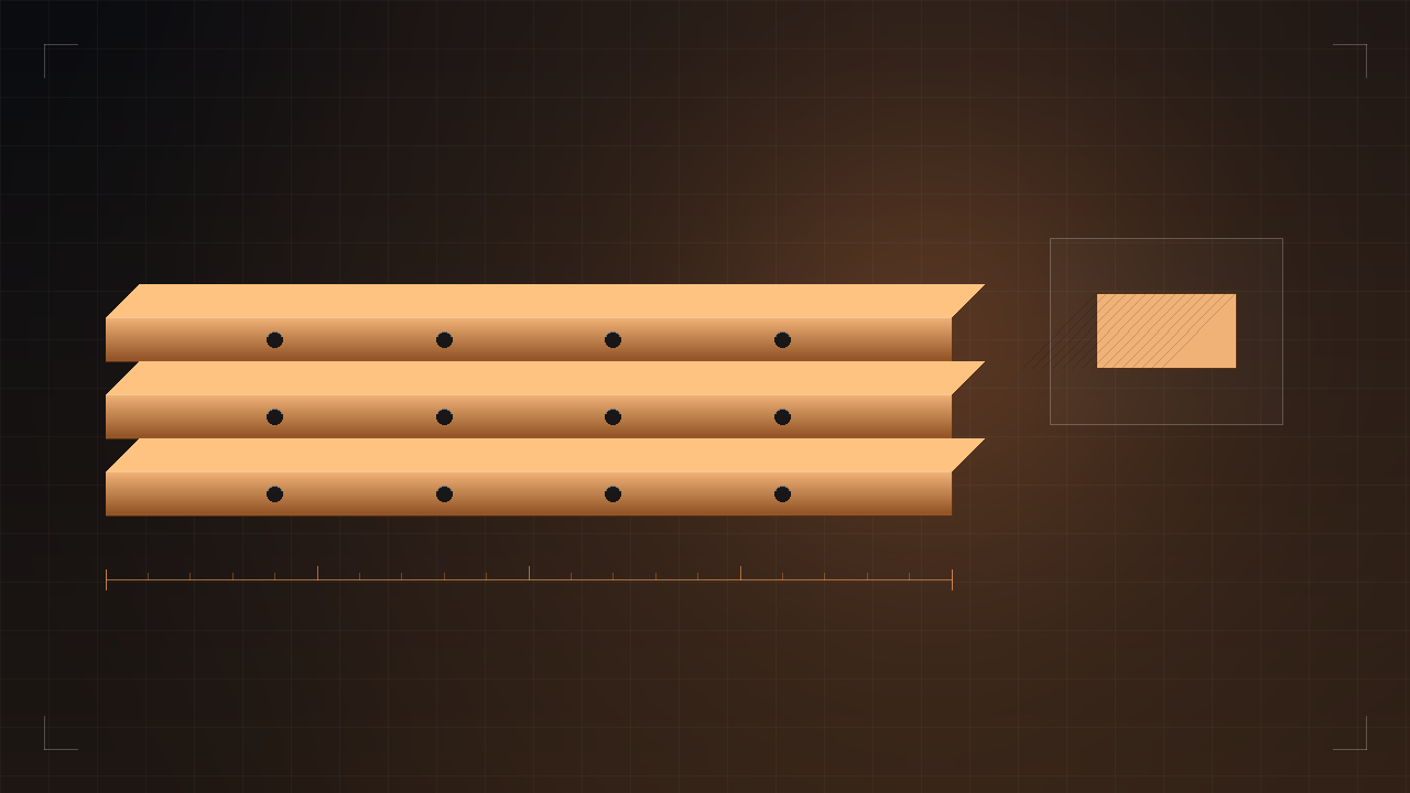Trois barres omnibus en cuivre percées de trous de boulonnage, avec un détail de section hachuré sur une grille technique