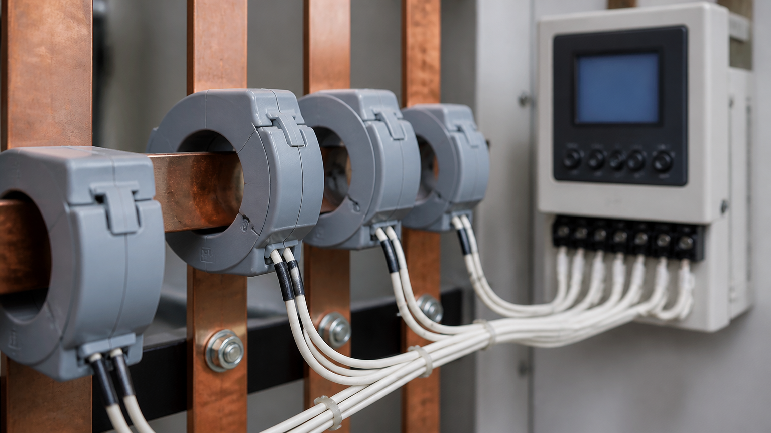 Current transformers mounted on a panel busbar with metering wiring