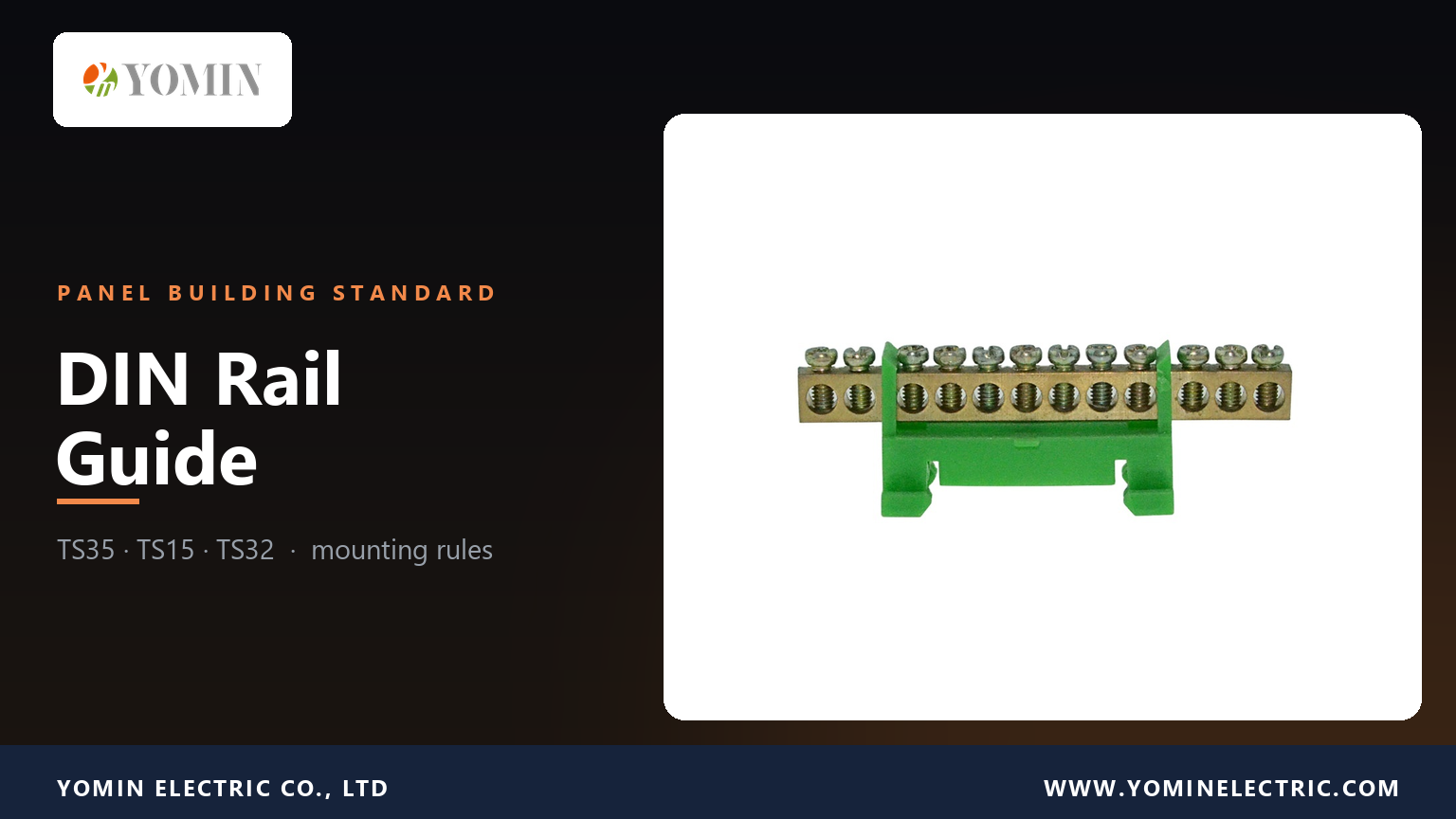 Brass DIN rail terminal block with PA housing sitting on a 35 mm top-hat rail