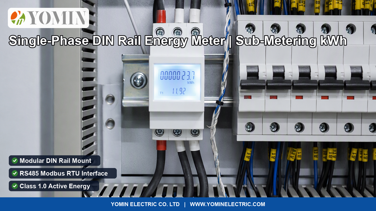 Modular single-phase digital DIN rail kWh energy meter installed in a commercial distribution sub-panel with illuminated LCD display