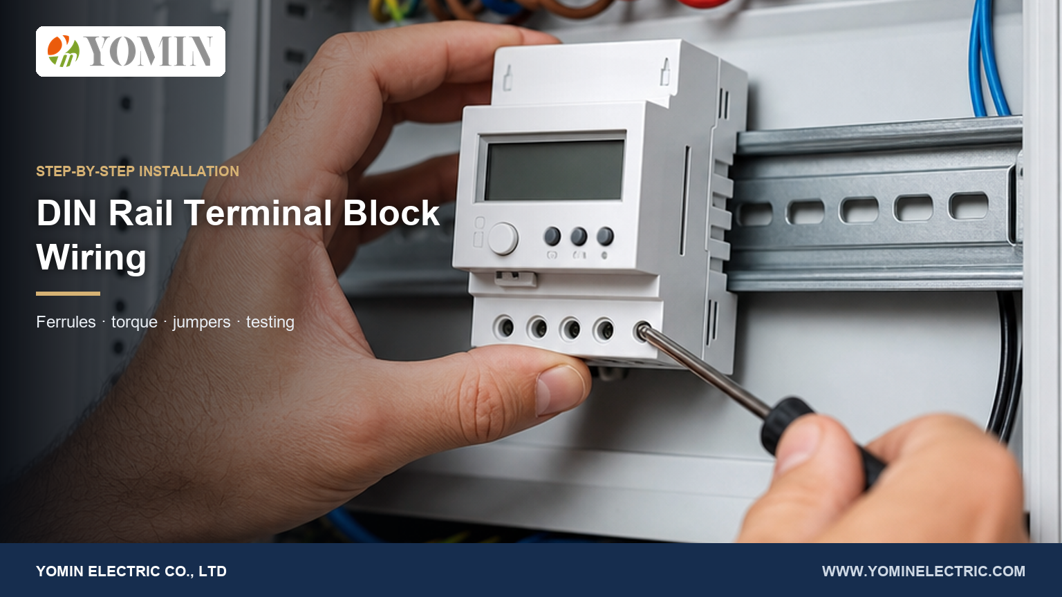 Hands fitting a device onto a DIN rail and tightening a terminal screw inside a distribution panel