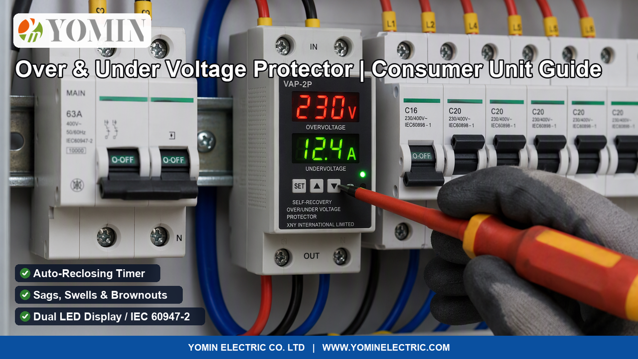 Residential electrical consumer unit interior showing a digital DIN rail self-restoring over and under voltage protector with live dual LED display actively protecting branch circuits