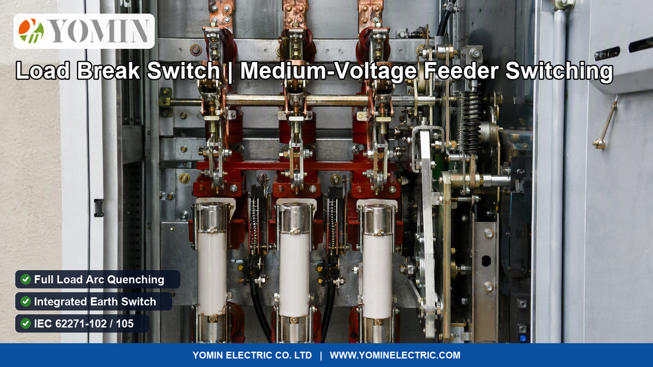 قاطع كسر الحمل للجهد المتوسط 24kV (موديل FLN36/FKN12) مثبت داخل خلية مفاتيح بآلية زنبركية وسكين تأريض مدمج