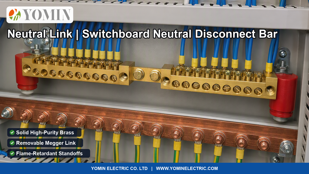 Heavy-duty solid brass Neutral Link and Earthing Terminal Bar (Model YM-NL series) installed inside an industrial low-voltage electrical main distribution board (MDB)