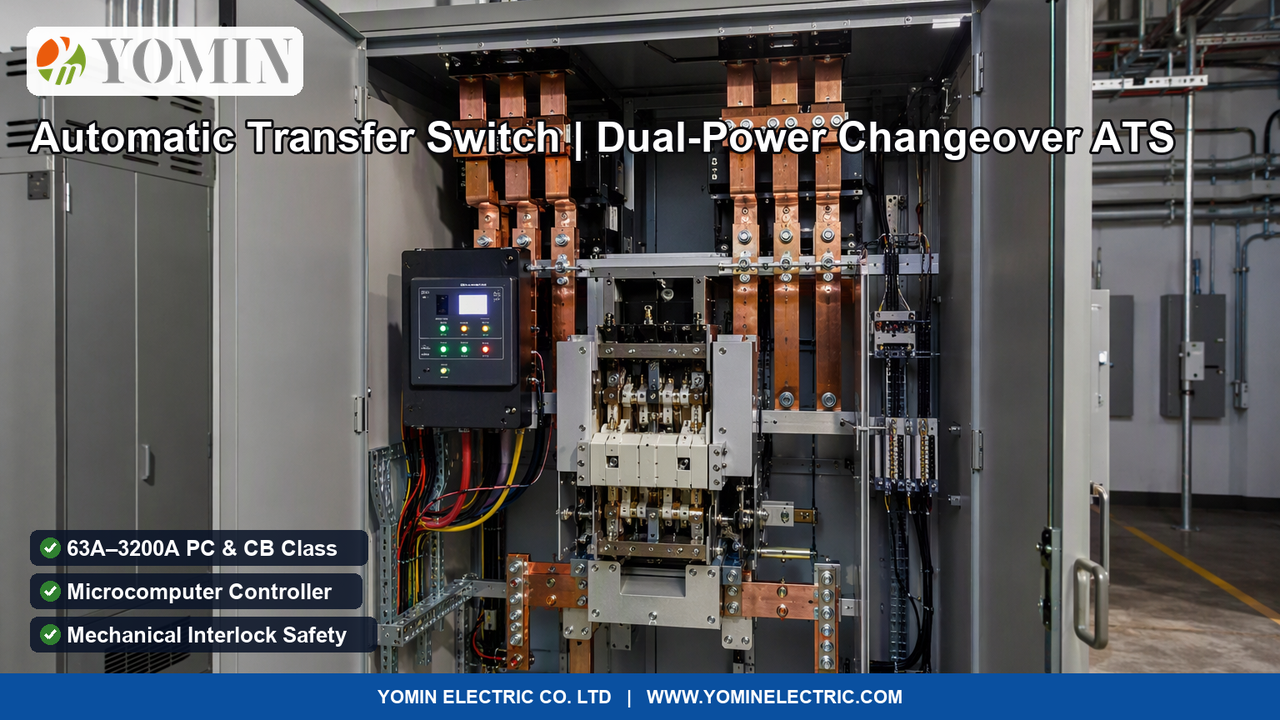 Heavy-duty motorized Automatic Transfer Switch operating inside a commercial electrical plant room displaying dual power feeds