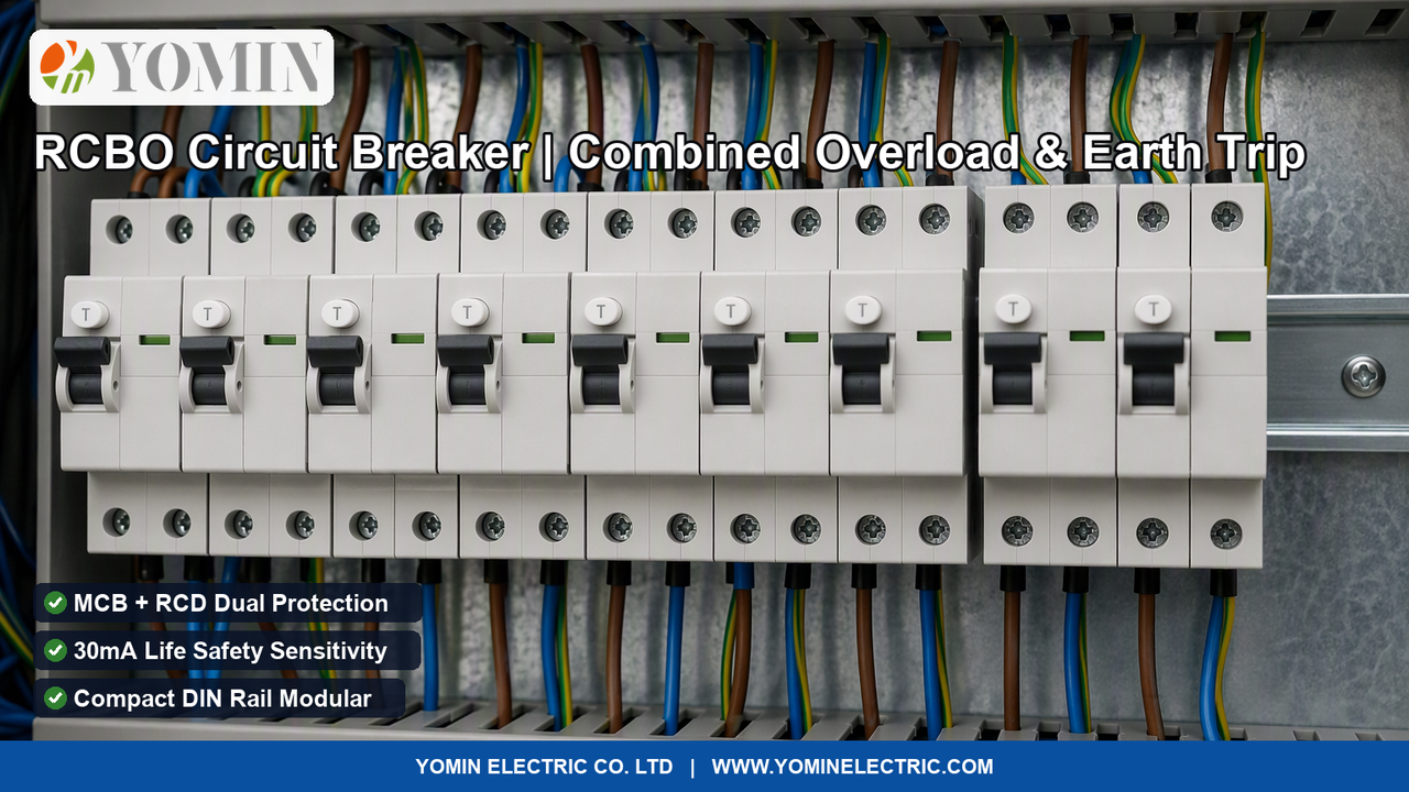 Modular DIN-rail RCBOs actively operating inside a commercial electrical distribution board showing white test button and trip levers