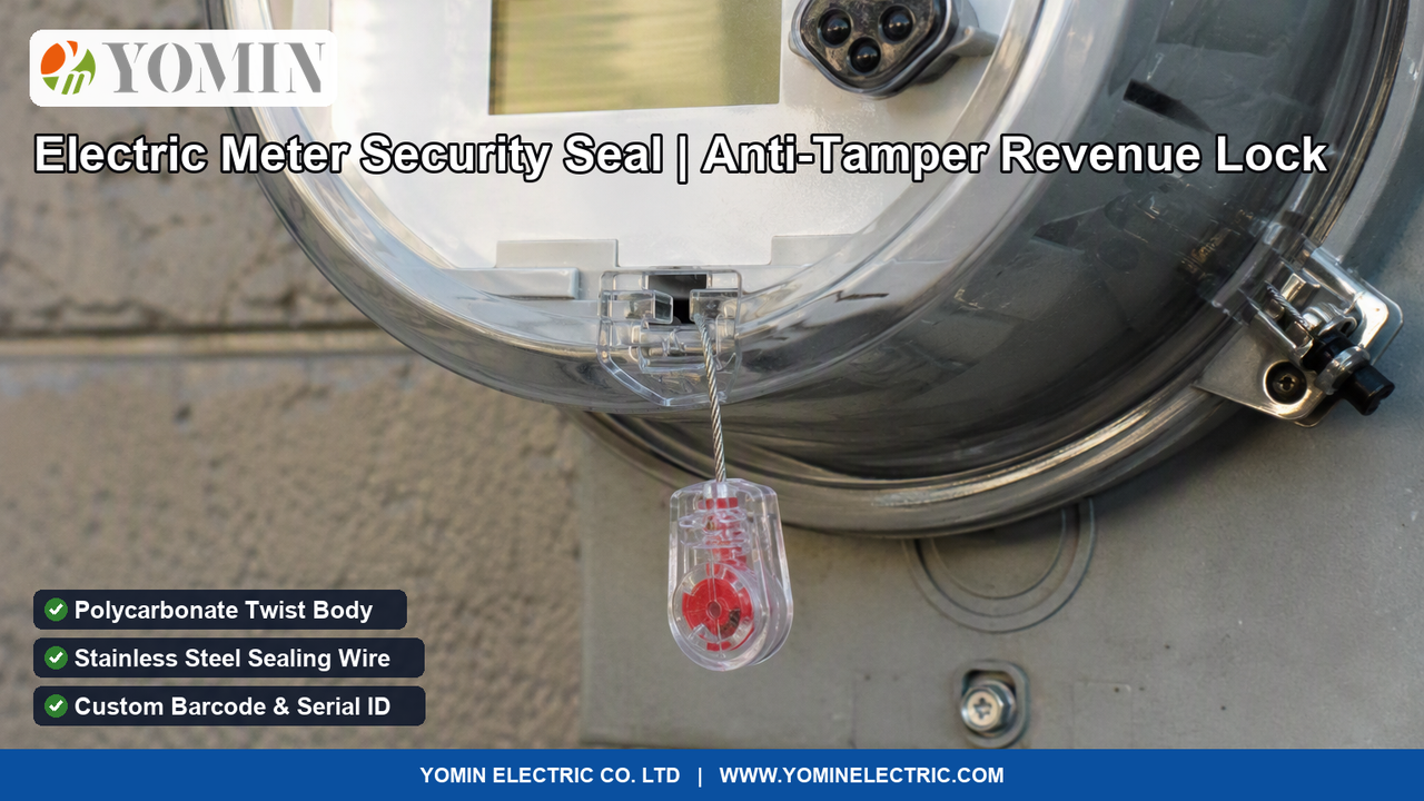 Polycarbonate twist-tite electric meter security seal with stainless steel wire installed on smart energy meter terminal cover