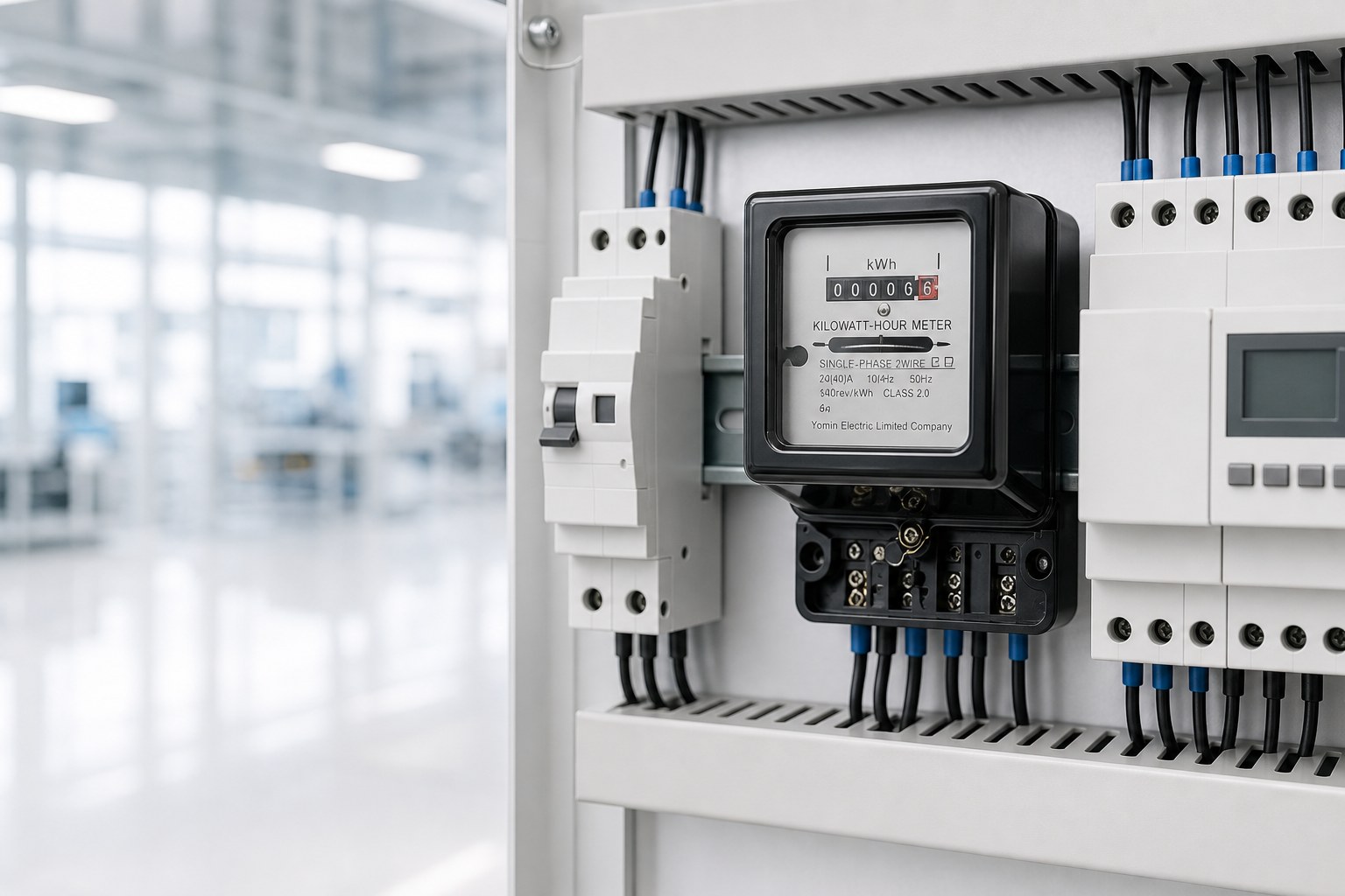 DIN rail energy meters installed in a clean electrical panel