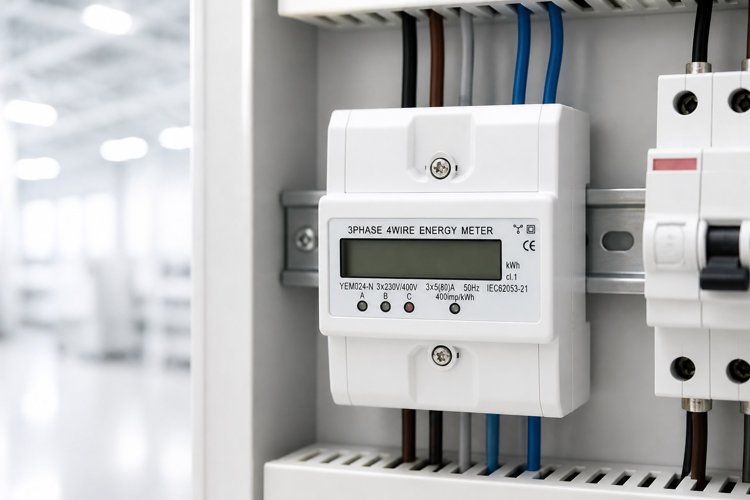 Three-phase DIN rail energy meter installed in a clean electrical panel