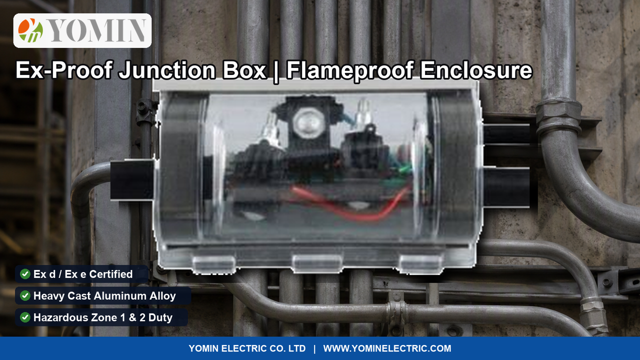 Cast aluminum flameproof explosion-proof junction box mounted on industrial conduit in a chemical plant