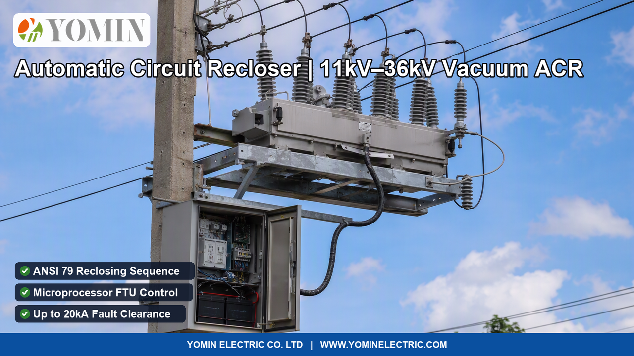 Pole-mounted medium-voltage vacuum automatic circuit recloser (ACR) operating on an overhead distribution power line