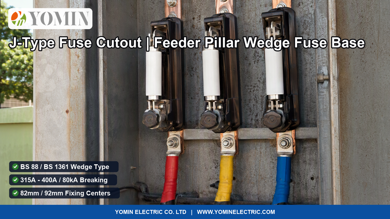 Bank of heavy-duty three-phase J-Type Fuse Cutouts (Model J-Type 300A/400A) installed inside an outdoor utility distribution feeder pillar cabinet