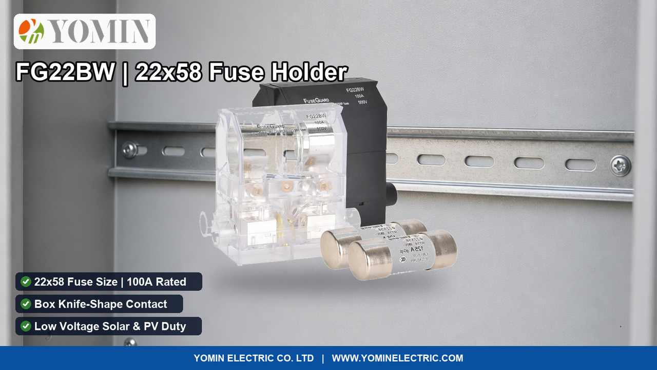 FG22BW 22x58 fuse holder shown on a switchboard background with model, fuse size and 100A rating