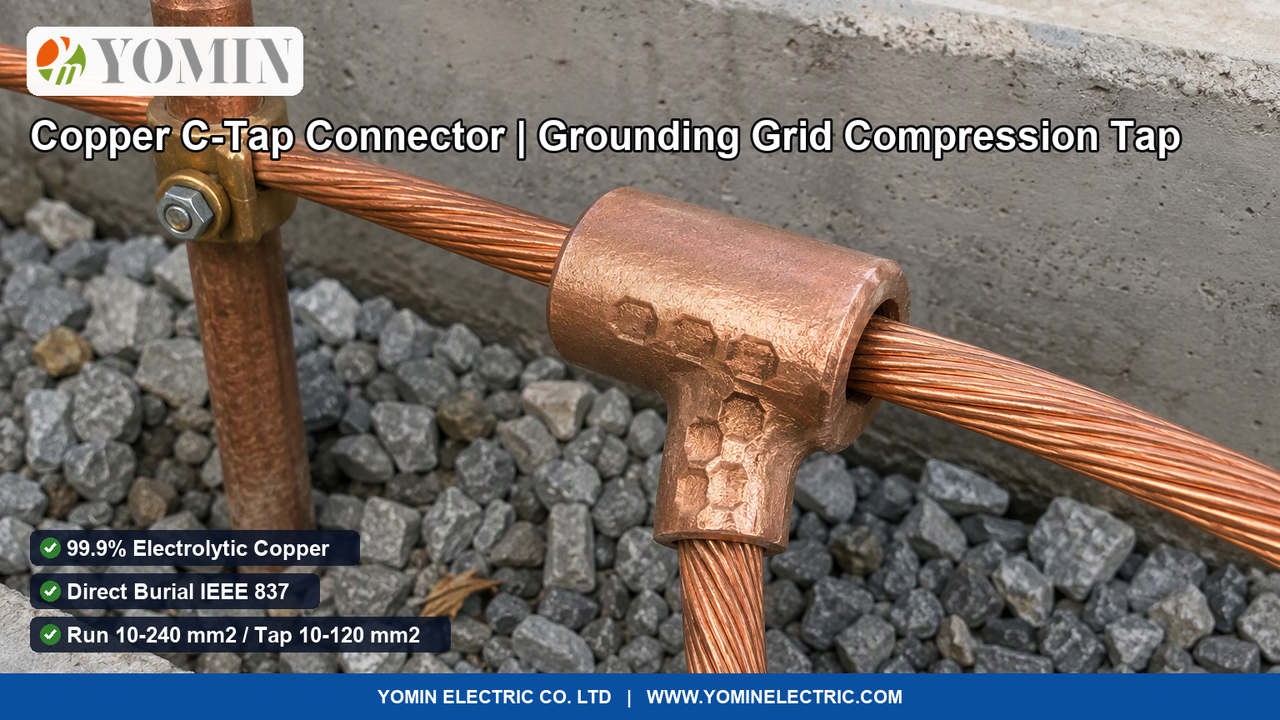 Heavy-duty forged electrolytic copper C-Tap compression connector installed in an electrical grounding grid