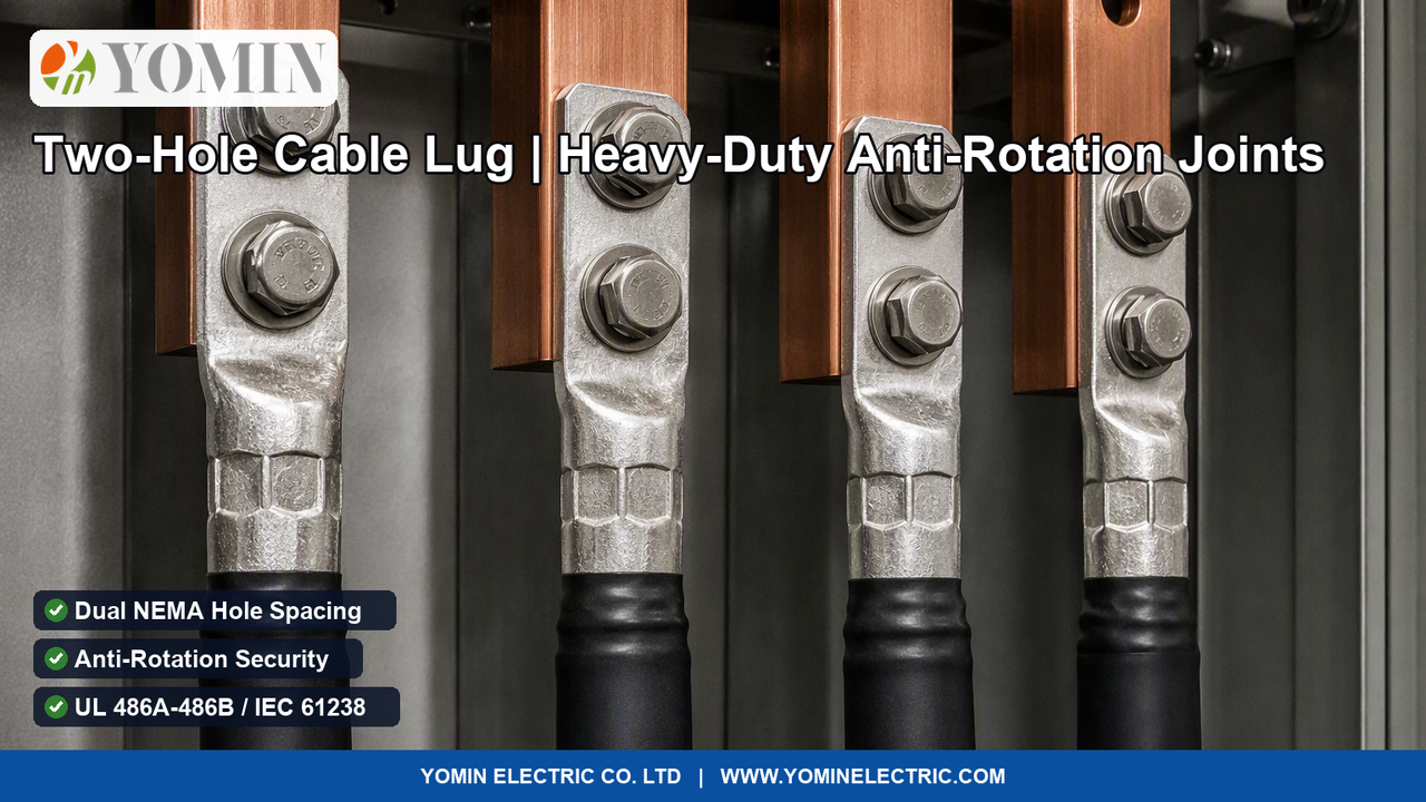 Heavy-duty Two-Hole Tinned Copper Compression Cable Lugs (Model DT-2 series) bolted with dual bolts to vertical copper busbars inside electrical switchgear