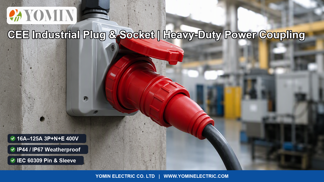 Heavy-duty red CEE industrial plug securely connected into a wall-mounted industrial socket outlet on a factory workshop column