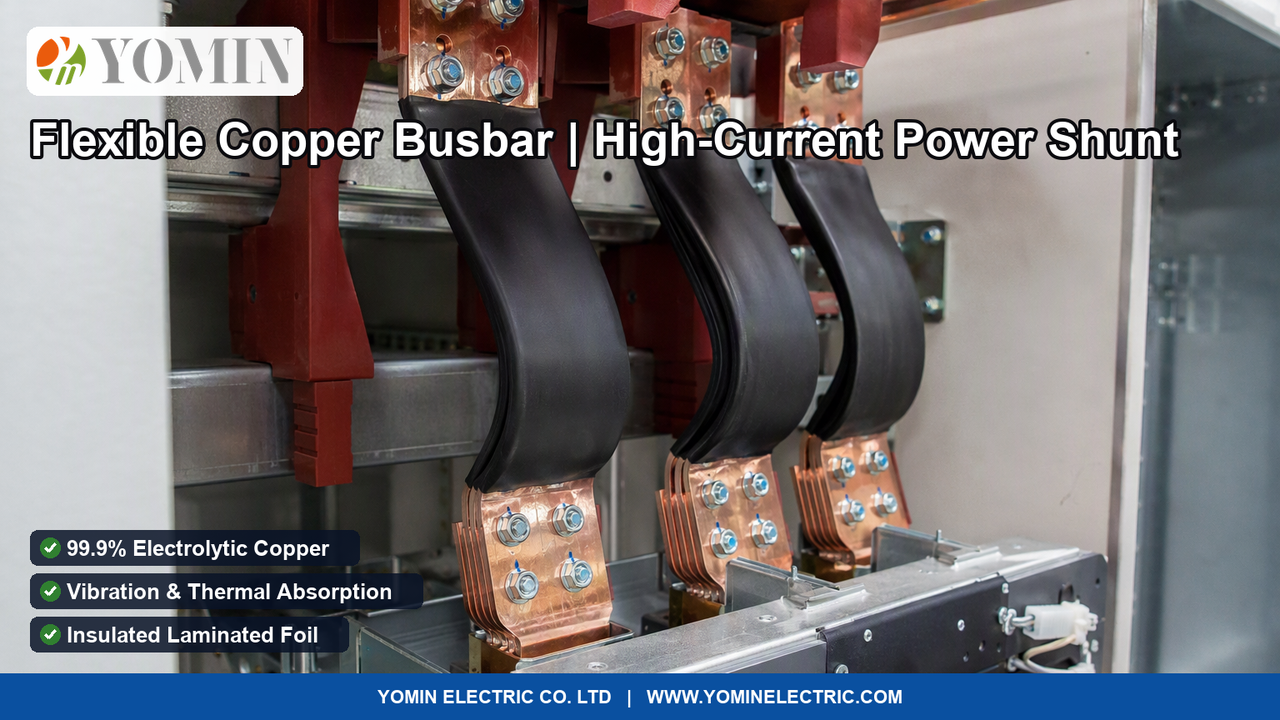Insulated flexible laminated copper busbars actively installed inside an industrial low-voltage switchgear cabinet bridging connections to an air circuit breaker