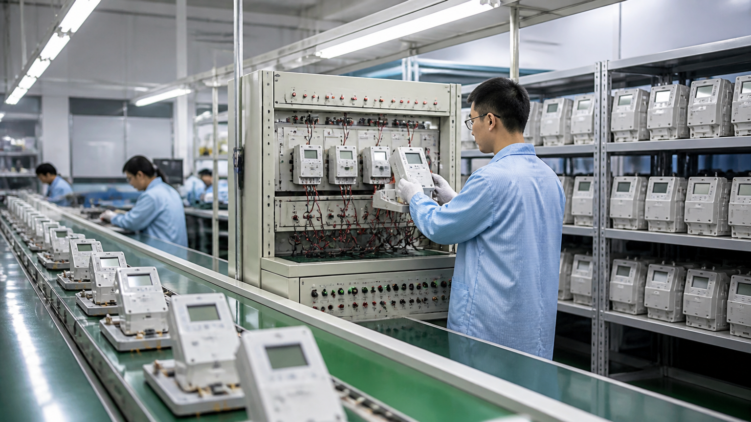 Electricity meter production and testing line in a factory