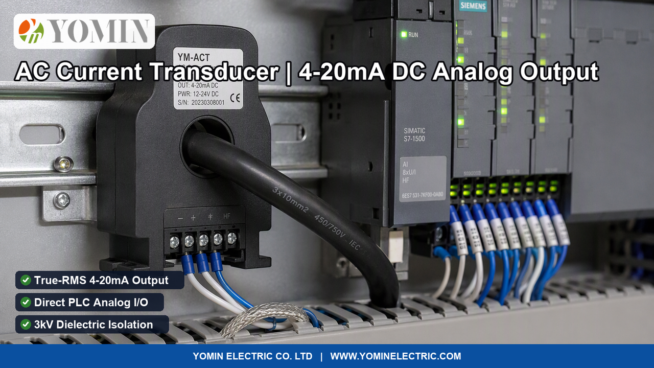 Transductor de corriente alterna compacto para riel DIN (Serie YM-ACT) con cableado de señal analógica 4-20mA conectado a un módulo de entradas analógicas de PLC