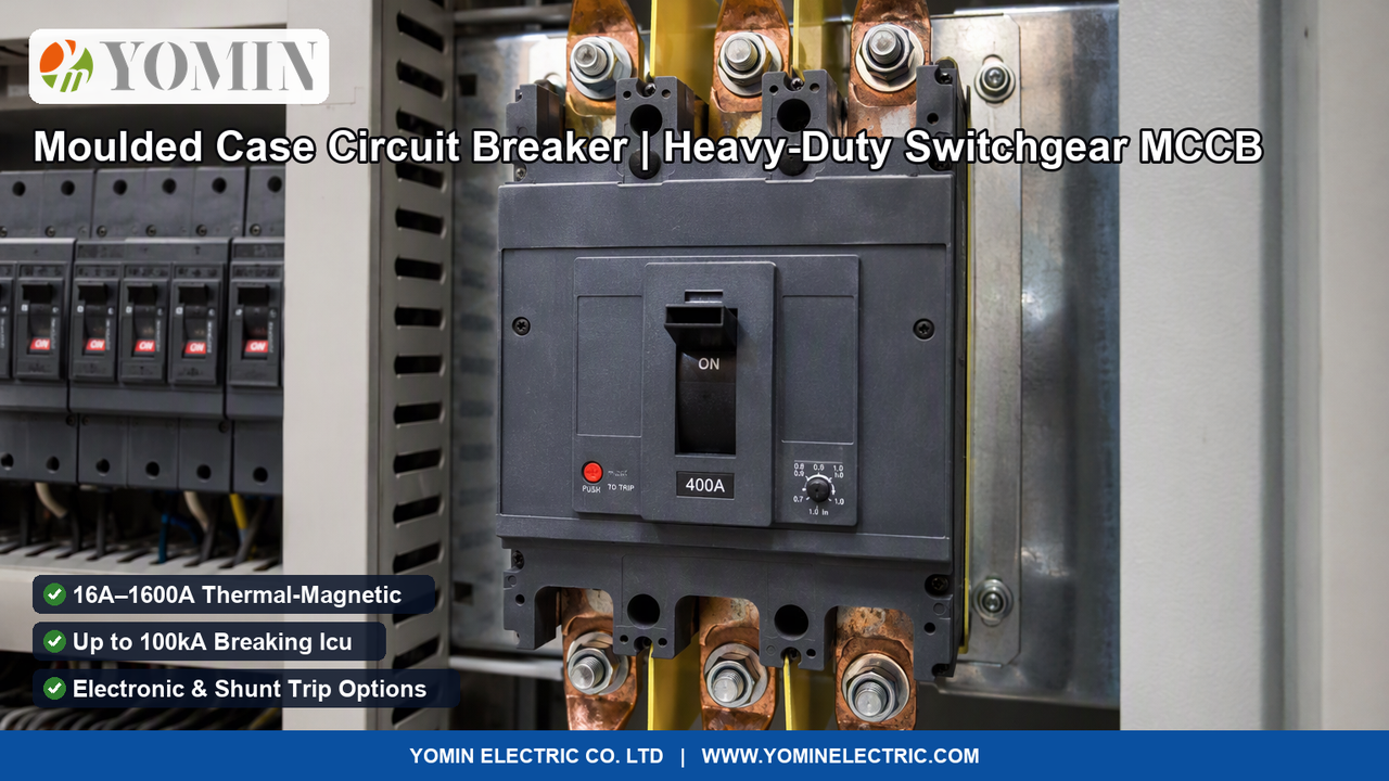 Heavy-duty three-phase Moulded Case Circuit Breaker installed inside an industrial low-voltage main distribution panelboard