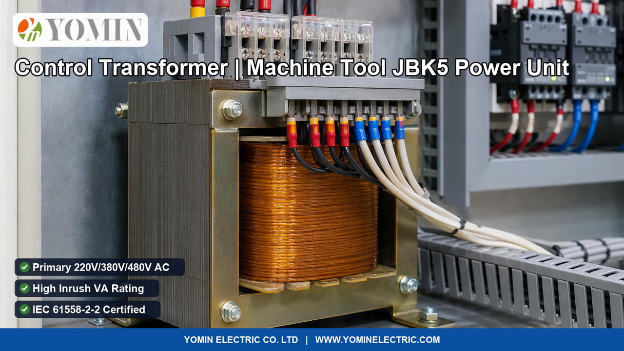 Heavy-duty single-phase Industrial Control Transformer (Model JBK5 series) with vacuum-varnished copper windings installed in an industrial CNC machine tool control panel