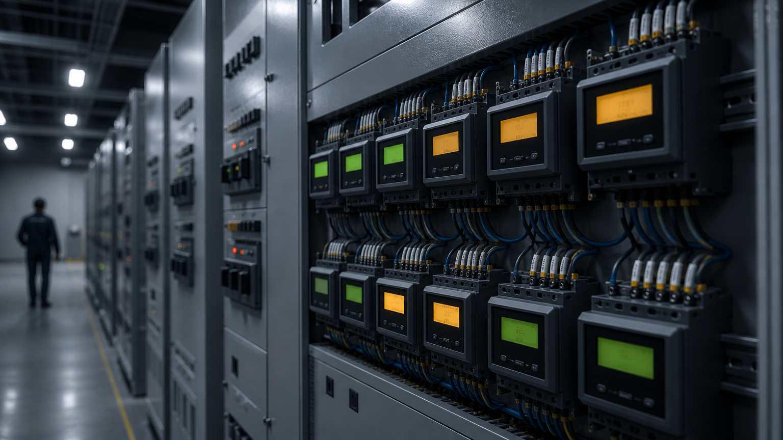 Industrial energy meters on a factory DIN rail with electrical panel