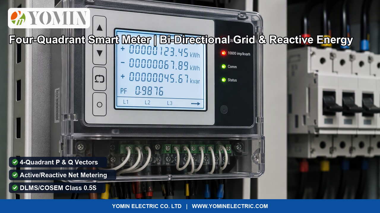 Three-phase four-quadrant bi-directional smart energy meter actively operating inside an industrial facility substation switchgear panel