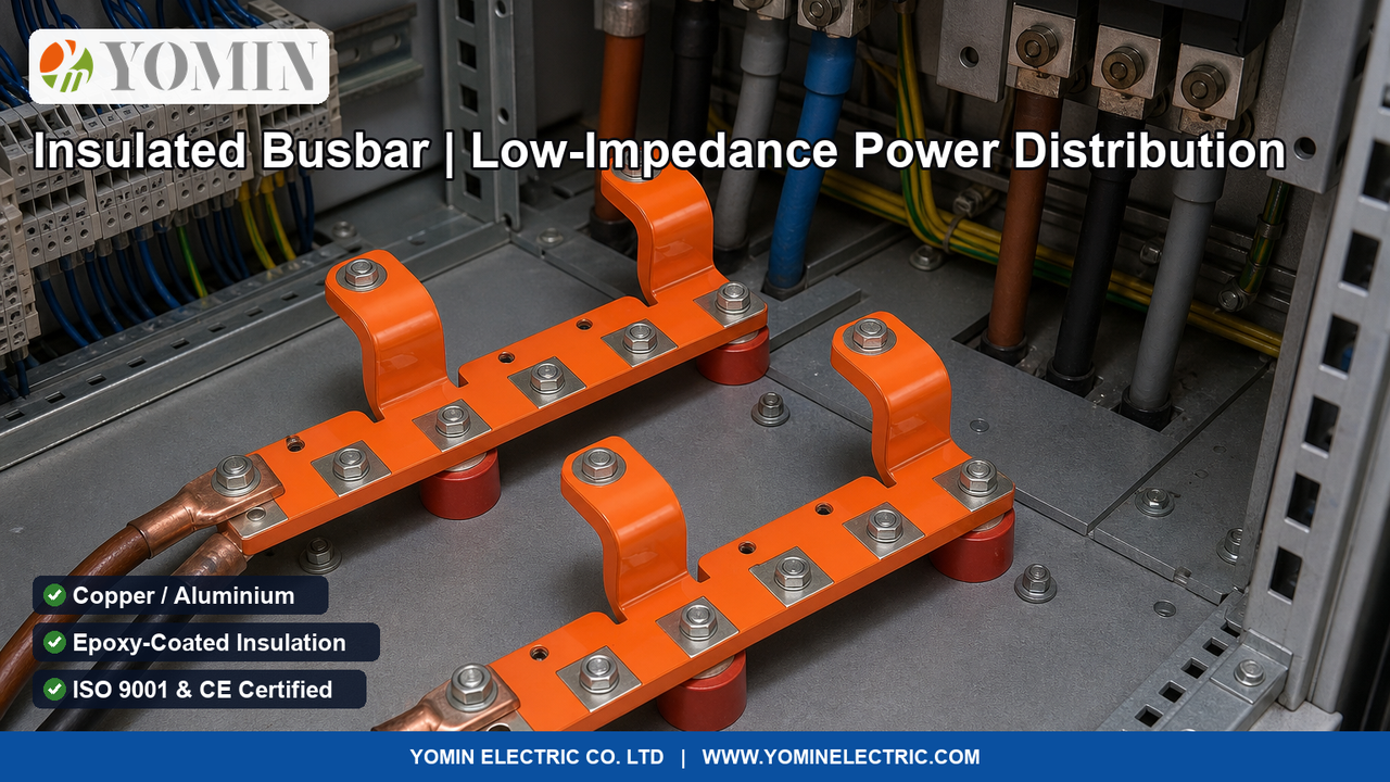 Orange epoxy-coated insulated copper busbars with plated contact pads installed in a switchgear panel